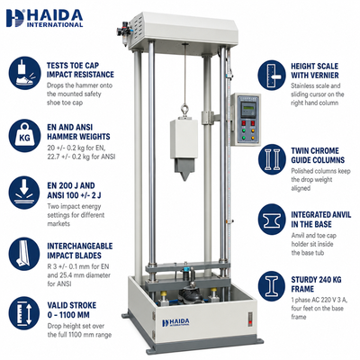 HAIDA Veiligheidsschoenen Impact Tester Neuskap Impact Weerstand Testmachine EN ANSI Standaard Schoentestapparatuur