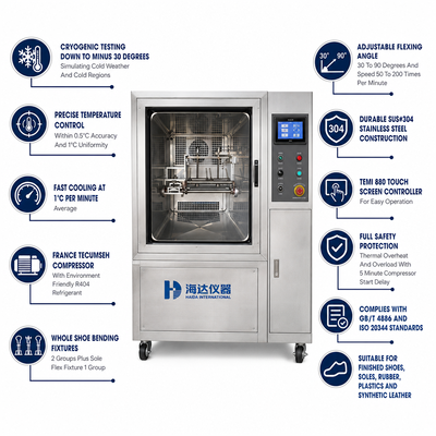 HAIDA Volledige Schoen en Zool Flex Vriestester Lage Temperatuur Flex Testmachine GB ISO 20344 Standaard Apparatuur