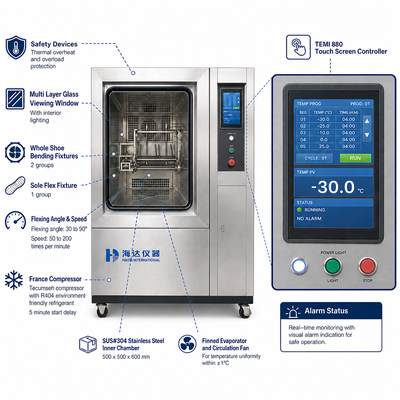 HAIDA Volledige Schoen en Zool Flex Vriestester Lage Temperatuur Flex Testmachine GB ISO 20344 Standaard Apparatuur